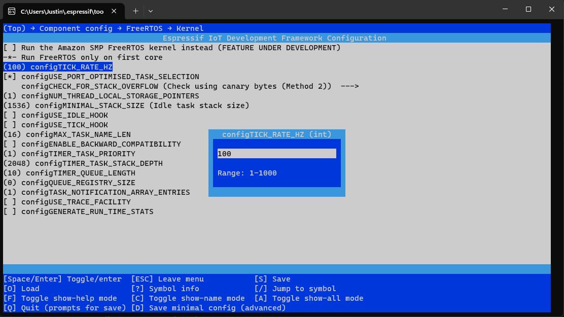 Ansicht der FreeRTOS configTICK_RATE_HZ Einstellung