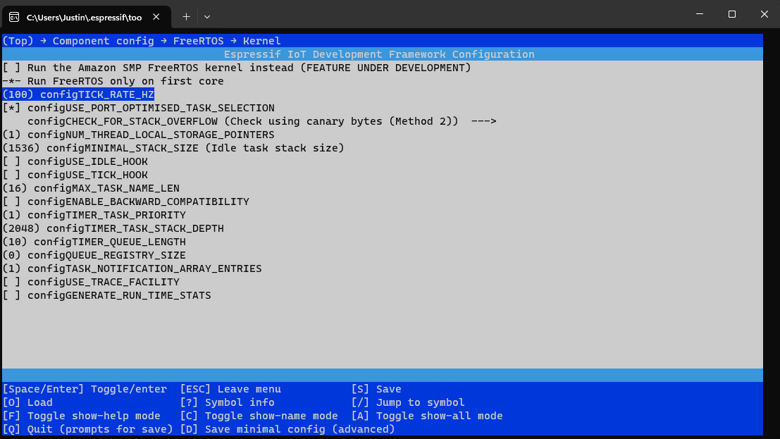 Ansicht innerhalb der Kernel Confiog von FreeRTOS
