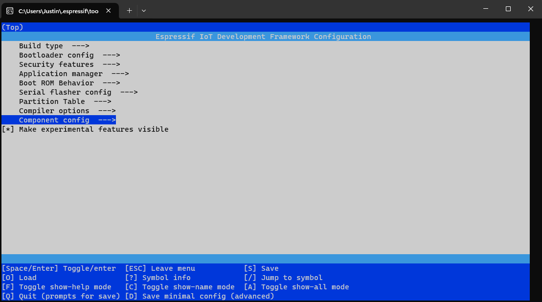 Startansicht von Menuconfig