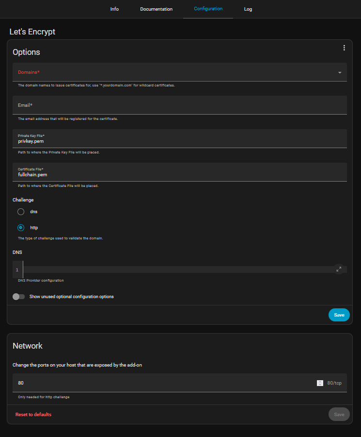 Konfigurationsseite des Homeassistant LetsEncrpyt Addon