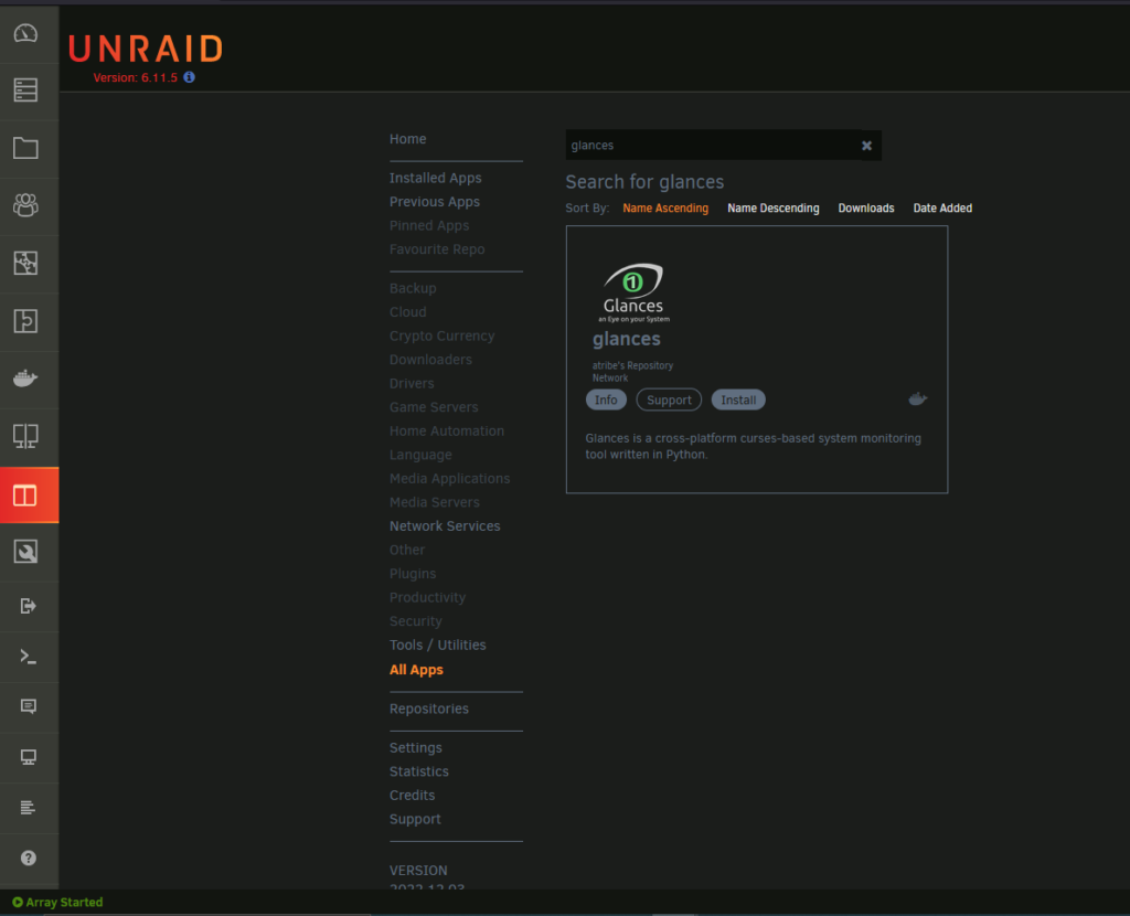 Unraid Appliste - Glances