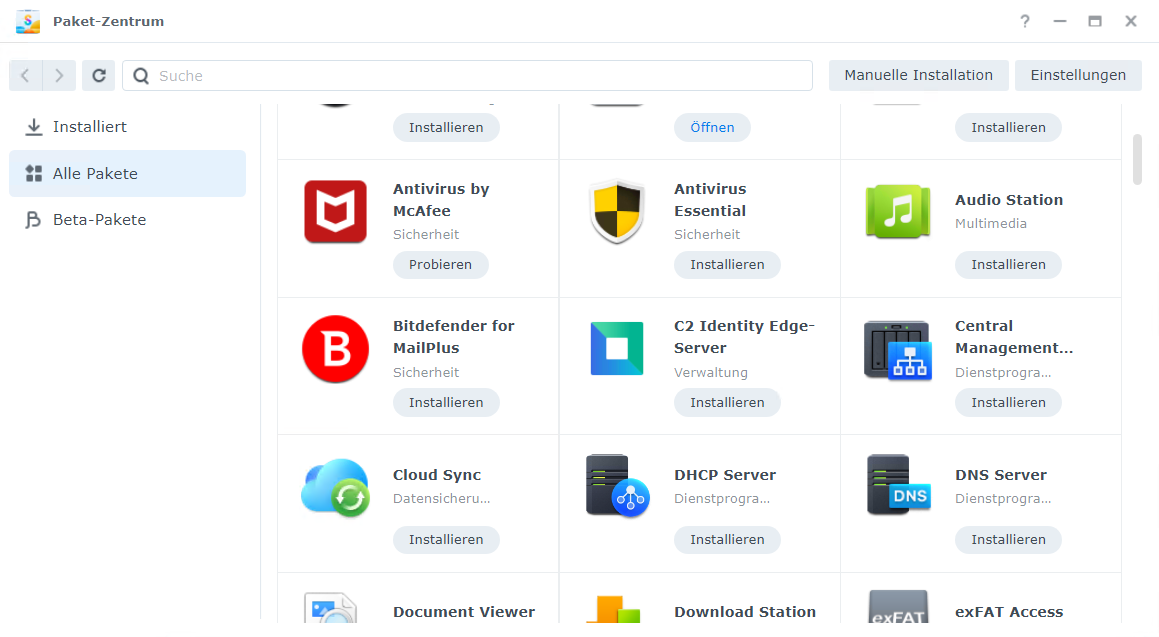 Synology App Store - Hier findet man alles vom Antivirus, bis zum DNS Server